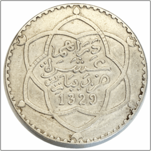Maroc, 10 Dirhams (1 Rial) Moulay Hafid I an 1329/1911 Paris